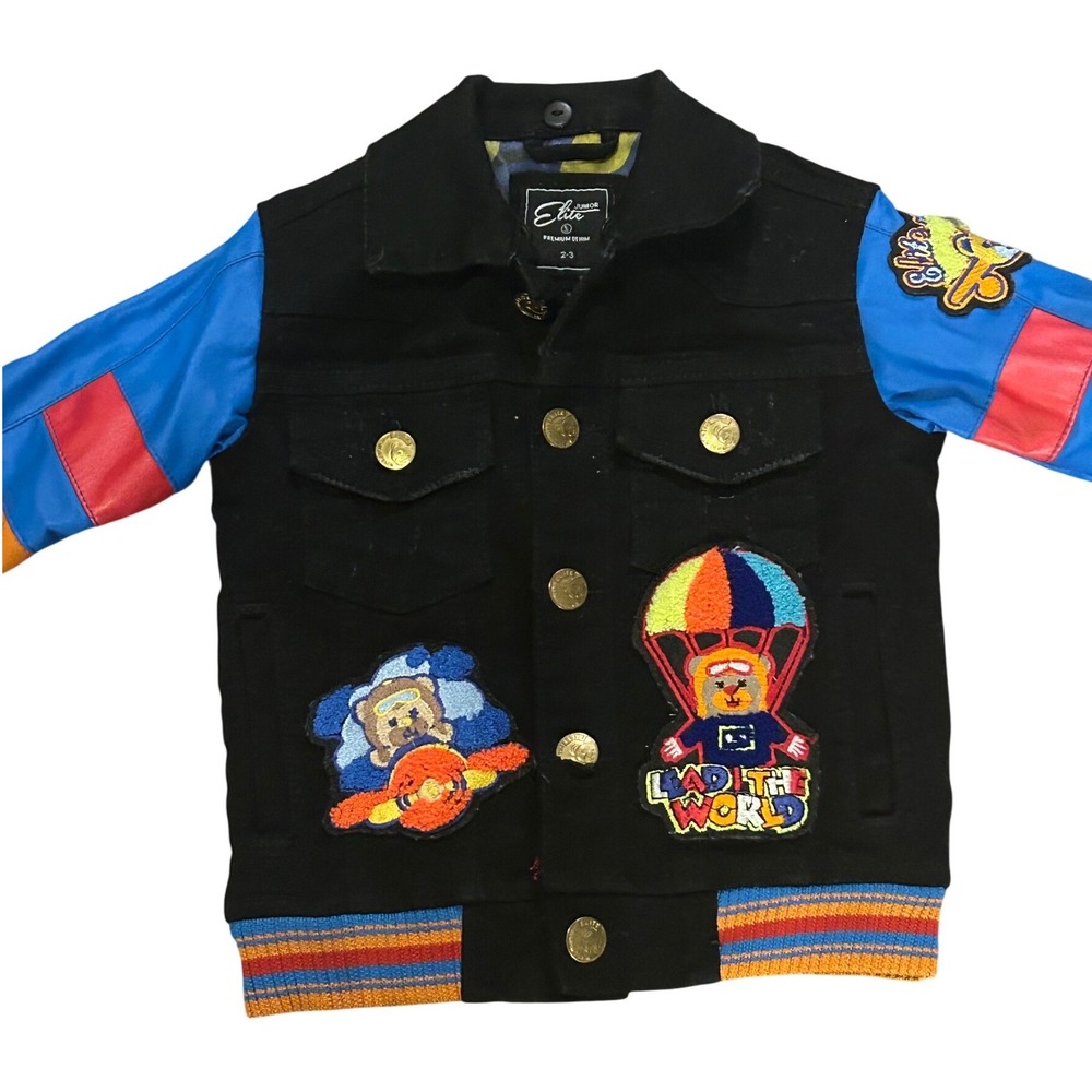 Boys Varsity Bomber Jacket Black Blue Chenille Bear Patch Color Block Size 2-3